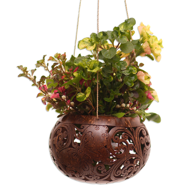 Coconut shell hanging planter, 'Tropical House in Butterfly' - Handmade Coconut Shell Hanging Planter from Bali