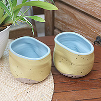 Ceramic teacups, 'Yellow Squeeze' (pair) - Rustic Ceramic Teacups from Java (Pair)