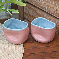 Ceramic teacups, 'Pink Squeeze' (pair) - Artisan Crafted Teacups from Java (Pair)