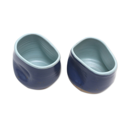 Ceramic teacups, 'Indigo Squeeze' (pair) - Blue Ceramic Teacups (Pair)