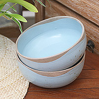 Ceramic dessert bowls, 'Blue Bounty' (pair) - Rustic Ceramic Bowls from Java (Pair)