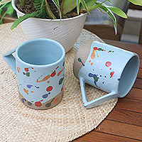 Tazas de cerámica, 'Rainbow Splash' (par) - Tazas de cerámica multicolores de Java