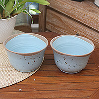 Ceramic dessert bowls, 'Blue Bell' (pair) - Dessert Bowls Handmade in Java (Pair)