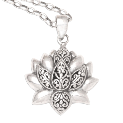 Sterling silver pendant necklace, 'Lotus Flow' - Sterling Silver Pendant Necklace with Lotus Motif