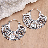 Sterling silver hoop earrings, 'Flower Country' - Sterling Silver Hoop Earrings with Floral Motif