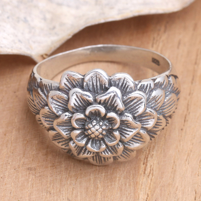 Sterling silver domed ring, 'Bloom of Youth' - Sterling Silver Domed Ring with Floral Motif