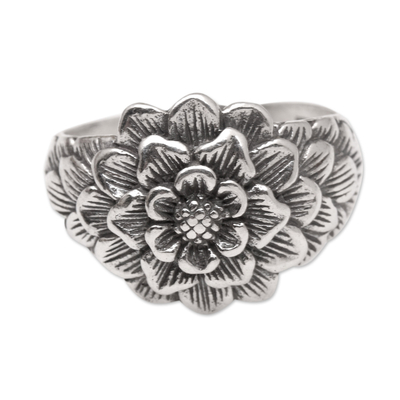 Sterling silver domed ring, 'Bloom of Youth' - Sterling Silver Domed Ring with Floral Motif
