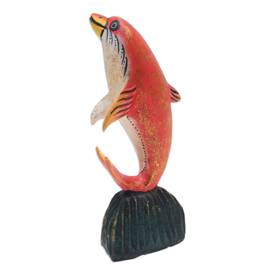 Wood statuette, 'Balancing Dolphin' - Jempinis Wood Dolphin Statuette from Bali