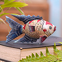 Wood statuette, 'Queen Koi' - Handmade Jempinis Wood Koi Fish Statuette