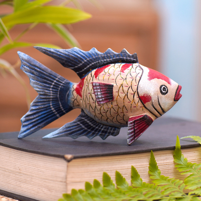 Wood statuette, 'Queen Koi' - Handmade Jempinis Wood Koi Fish Statuette