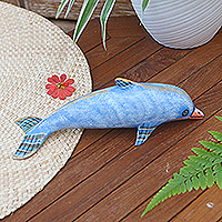 Wood statuette, 'Air Play' - Hand Made Jempinis Wood Dolphin Statuette