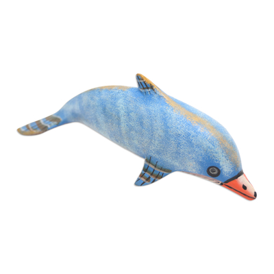 Wood statuette, 'Air Play' - Hand Made Jempinis Wood Dolphin Statuette