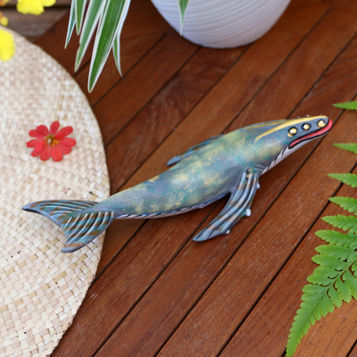 Wood statuette, 'Basking Whale' - Hand Carved Jempinis Wood Whale Statuette