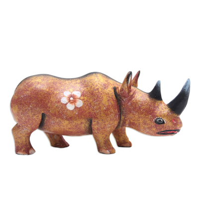 Suar Wood Rhino Statuette with Floral Accent