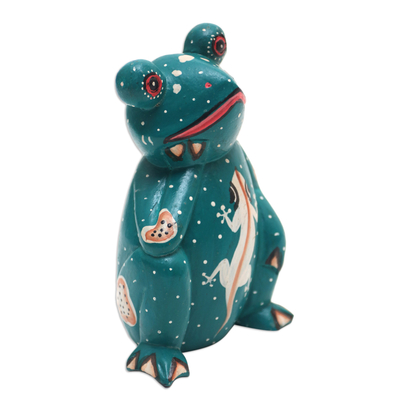 Wood statuette, 'Daydreaming Frog' - Suar Wood Frog Statuette with Lizard Motif