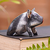 Wood statuette, 'Piglet' - Artisan Crafted Suar Wood Piglet Statuette