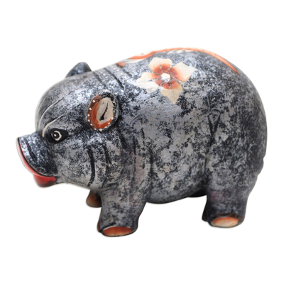 Wood statuette, 'Chubby Swine' - Hand Carved Suar Wood Pig Statuette