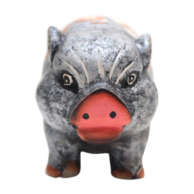 Wood statuette, 'Chubby Swine' - Hand Carved Suar Wood Pig Statuette