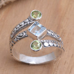 Blue topaz and peridot cocktail ring, 'Bali Impressions' - Cocktail Ring with Peridot and Blue Topaz