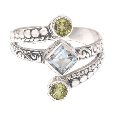 Blue topaz and peridot cocktail ring, 'Bali Impressions' - Cocktail Ring with Peridot and Blue Topaz