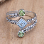 Blue topaz and peridot cocktail ring, 'Bali Impressions' - Cocktail Ring with Peridot and Blue Topaz