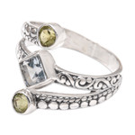 Blue topaz and peridot cocktail ring, 'Bali Impressions' - Cocktail Ring with Peridot and Blue Topaz