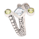 Blue topaz and peridot cocktail ring, 'Bali Impressions' - Cocktail Ring with Peridot and Blue Topaz
