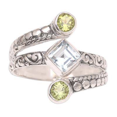 Blue topaz and peridot cocktail ring, 'Bali Impressions' - Cocktail Ring with Peridot and Blue Topaz