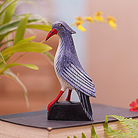 Wood statuette, 'Red Beaked Bird' - Handmade Crocodile Wood Bird Statuette