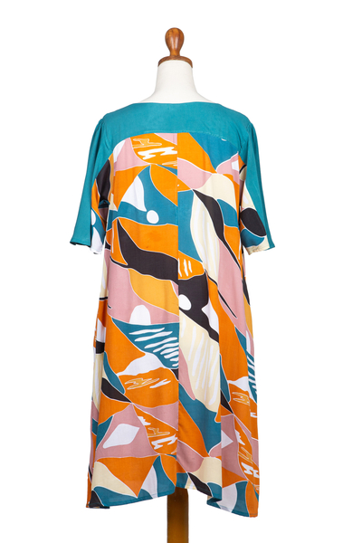 Rayon shift dress, 'Sunrise Vibes' - Colorful Woven Rayon Dress from Bali