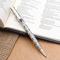 Sterling silver and garnet ballpoint pen, 'Secret Code' - Modern Handmade Sterling and Garnet Ballpoint Pen