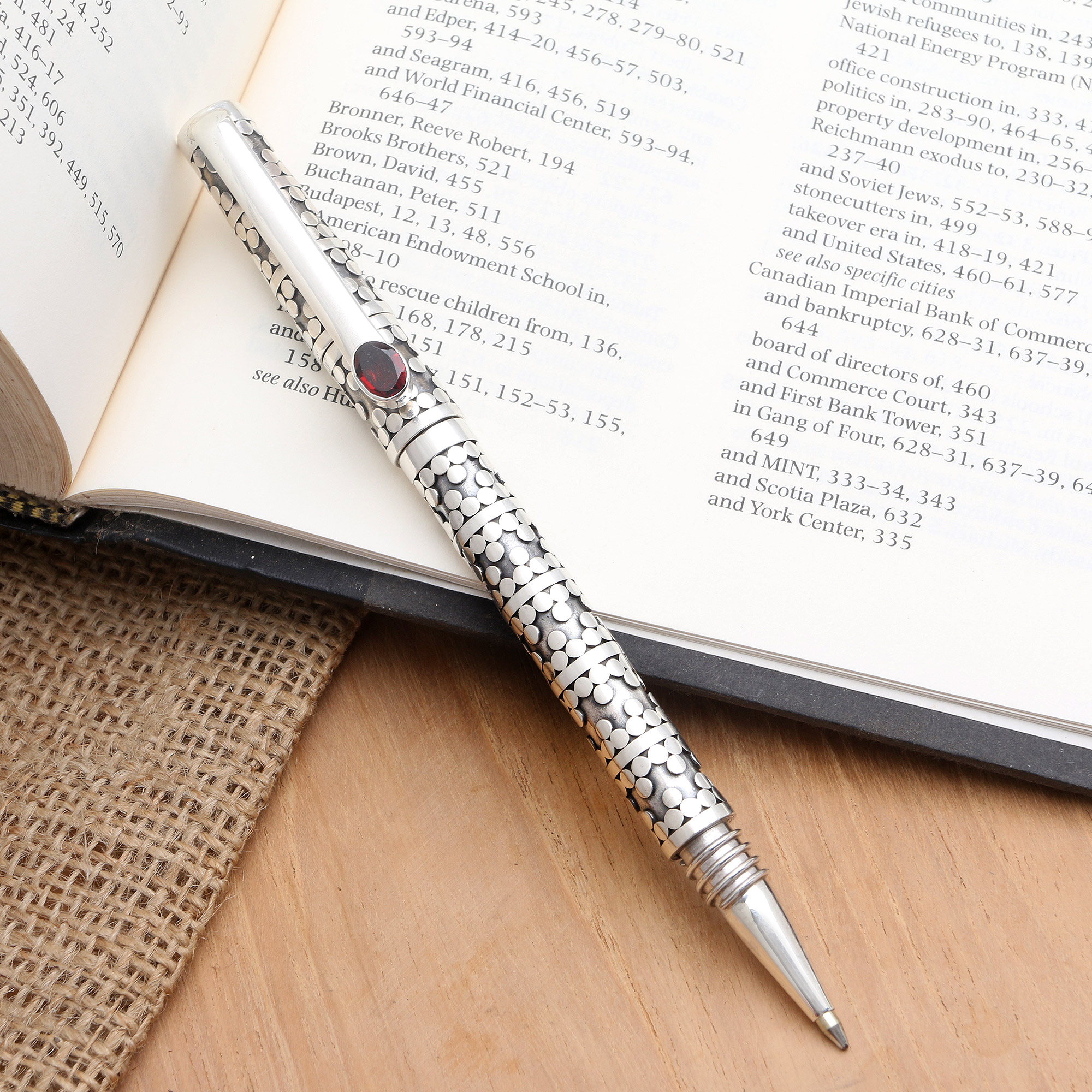 NOVICA Decorative Sterling Silver Pen, Metallic and Red, Garnet Gleam