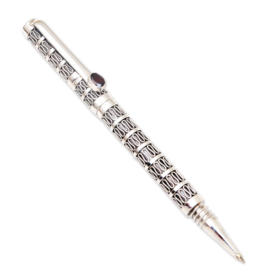 Sterling silver and garnet ballpoint pen, 'Silver Sound Waves' - Handmade Sterling Ballpoint Pen with Garnet