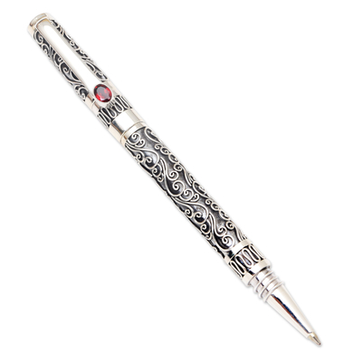 Sterling silver and garnet ballpoint pen, 'Balinese Love Song' - Keepsake Sterling Silver Ballpoint Pen with Red Garnet