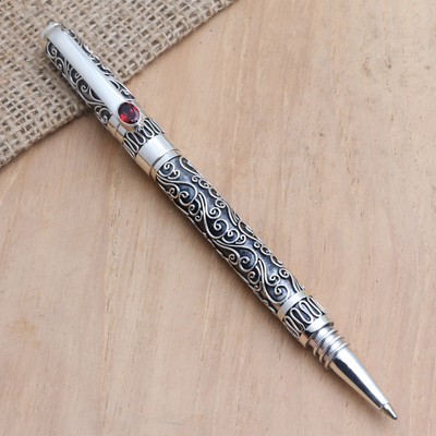 Keepsake Sterling Silver Ballpoint Pen with Red Garnet - Balinese