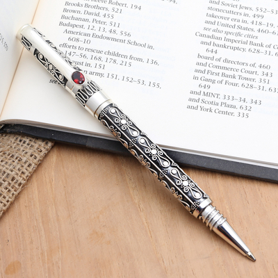 Sterling silver and garnet ballpoint pen, 'Balinese Petals' - Keepsake Sterling and Garnet Ballpoint Pen