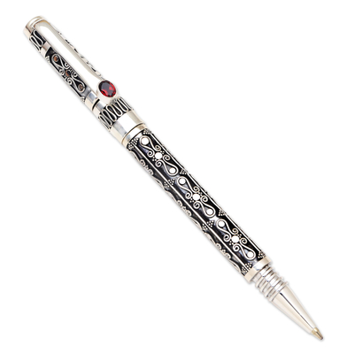 Sterling silver and garnet ballpoint pen, 'Balinese Petals' - Keepsake Sterling and Garnet Ballpoint Pen
