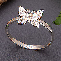 Sterling silver band ring, 'Flying Butterfly' - Artisan Crafted Sterling Silver Ring