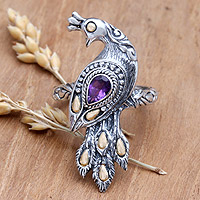 Gold accented amethyst cocktail ring, 'Peacock on Parade' - Amethyst Ring with Gold Accents