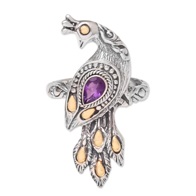 Gold accented amethyst cocktail ring, 'Peacock on Parade' - Amethyst Ring with Gold Accents