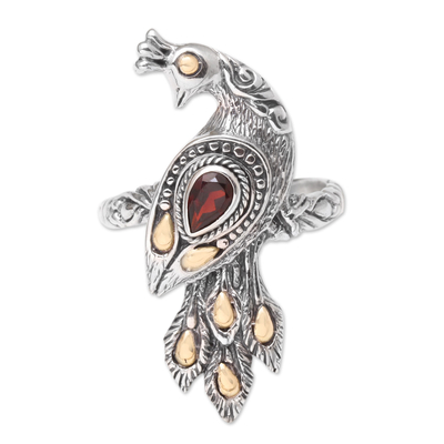 Gold accented garnet cocktail ring, 'Peacock on Parade' - Artisan Crafted Garnet Ring