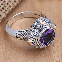 Gold-accented amethyst cocktail ring, 'Purple Crush' - Artisan Crafted Amethyst Ring
