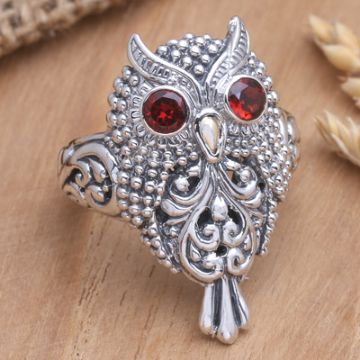 Gold accented garnet cocktail ring, 'Precious Owl' - Handcrafted Sterling Silver and Garnet Ring