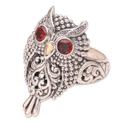 Gold accented garnet cocktail ring, 'Precious Owl' - Handcrafted Sterling Silver and Garnet Ring