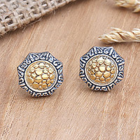 Gold-accented button earrings, 'Golden Gianyar' - 18k Gold-Accented Earrings from Bali