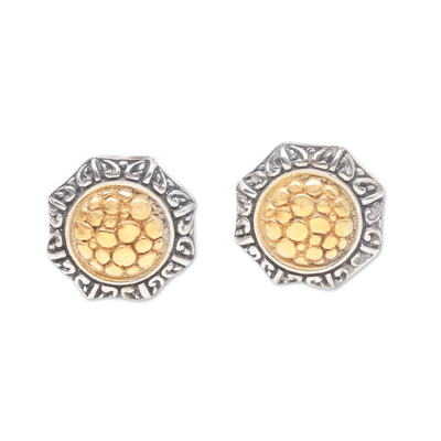Gold-accented button earrings, 'Golden Gianyar' - 18k Gold-Accented Earrings from Bali