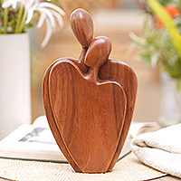 Wood statuette, 'Coupled Together' - Romantic Suar Wood Statuette from Bali