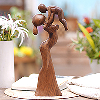 Wood sculpture, 'Her Pride and Joy' - Mother and Child Wood Sculpture