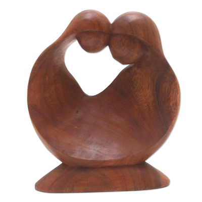 Wood statuette, 'Blessed Bond' - Mother and Daughter Suar Wood Statuette from Bali