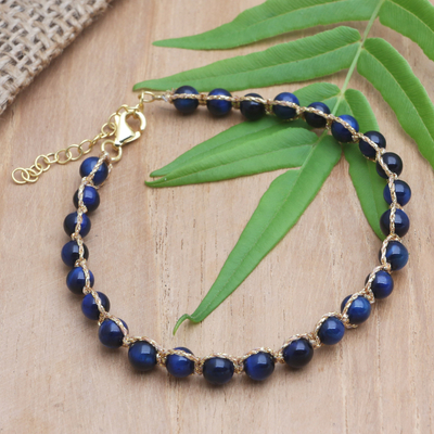 Tiger's eye beaded bracelet, 'Blue and Gold' - Artisan Crafted Blue Tiger's Eye Bracelet
